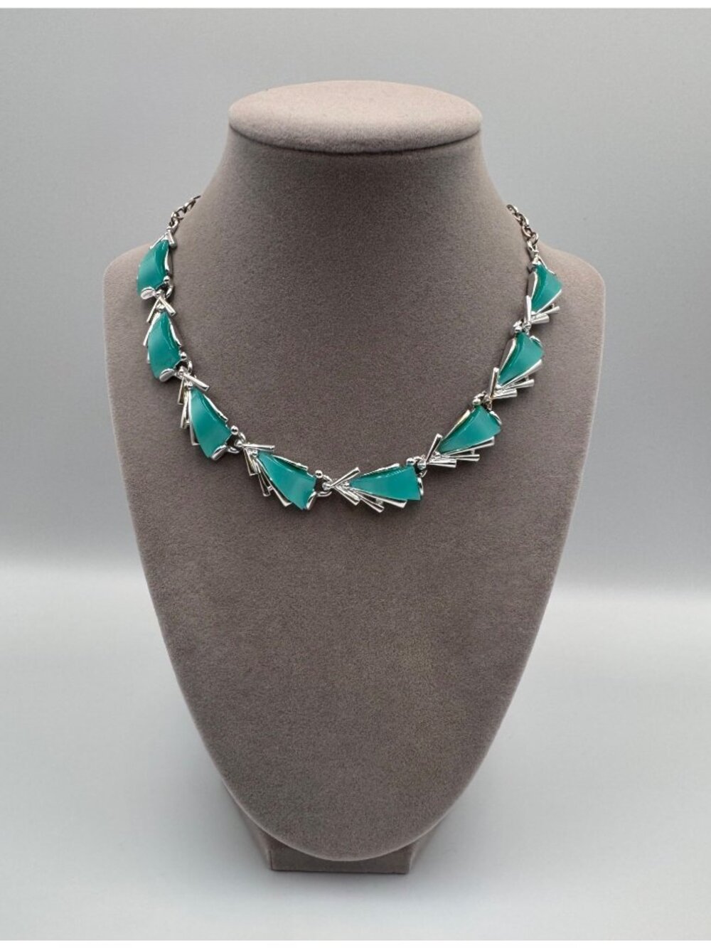 Vintage ART Arthur Pepper Teal Thermoset Silver Tone Necklace MCM Signed